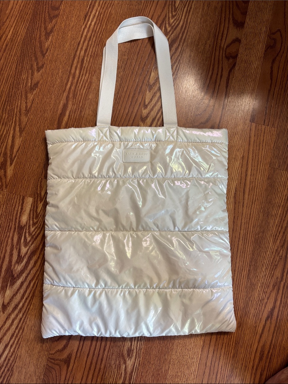 Bath and Bodyworks Iridescent White Puffer Tote Bag with Shoulder Straps.